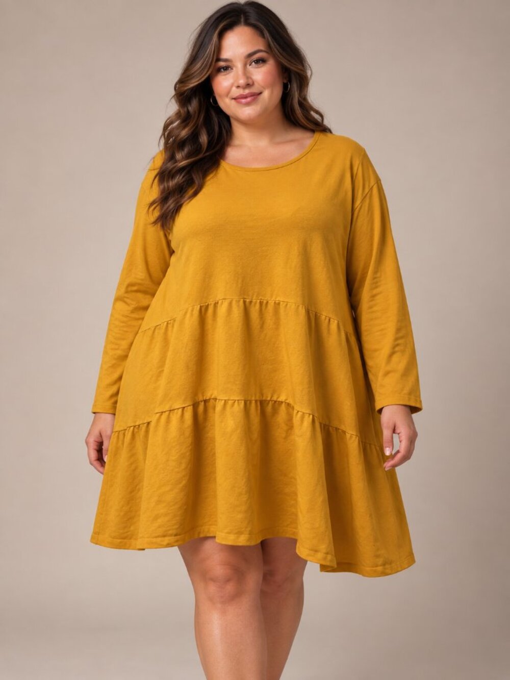 Boohoo Plus Mustard Tiered Long Sleeve Babydoll Swing Dress US 22